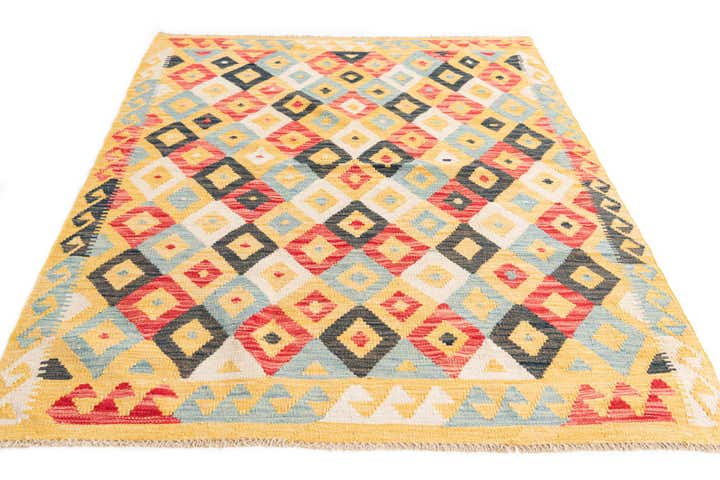 4' 2 x 5' 7 Hand Woven Kilim Maymana Wool Rug