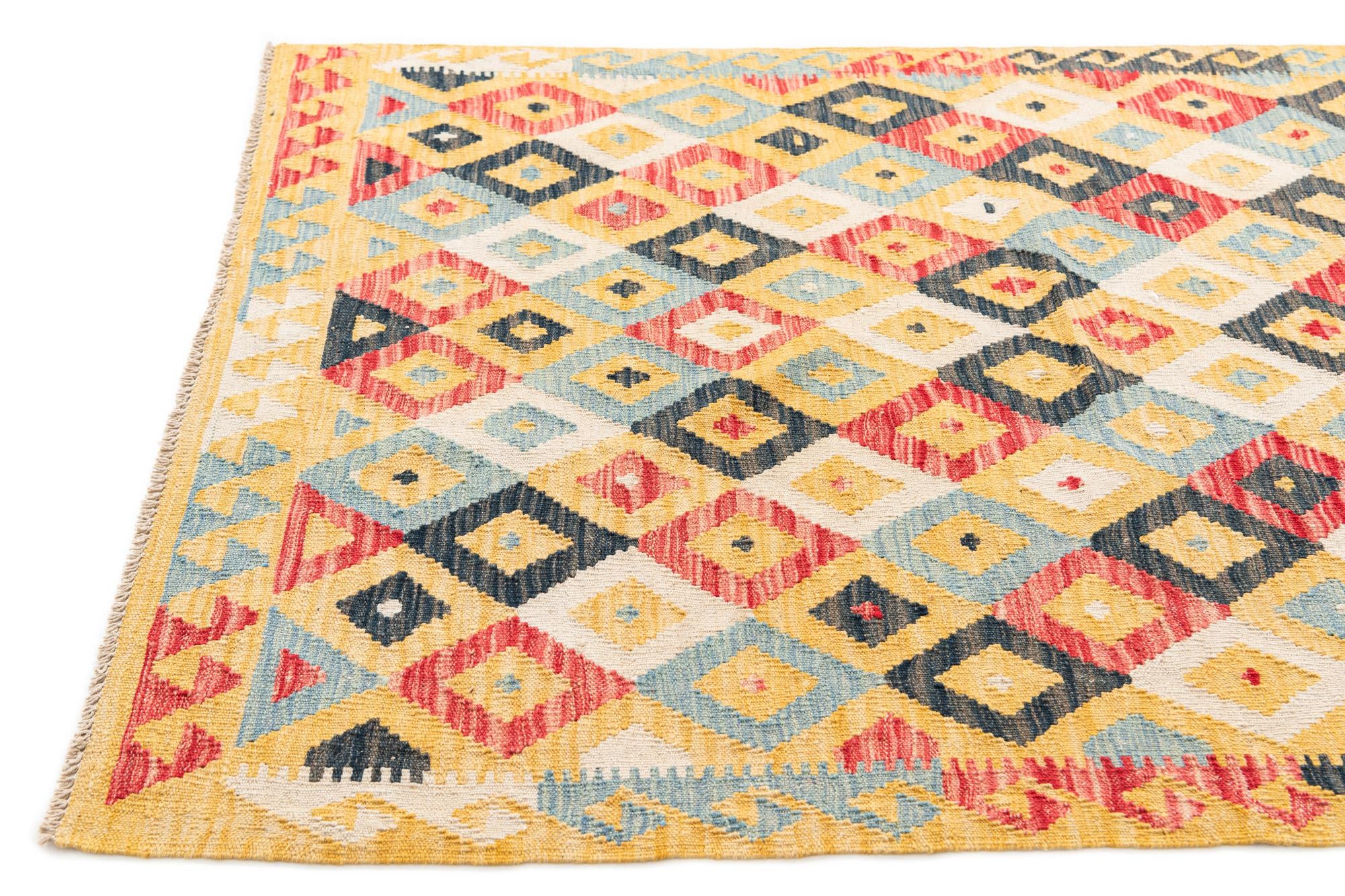 4' 2 x 5' 7 Hand Woven Kilim Maymana Wool Rug