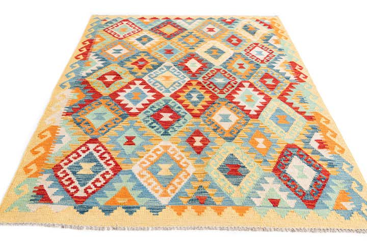 4' 2 x 5' 9 Hand Woven Kilim Maymana Wool Rug