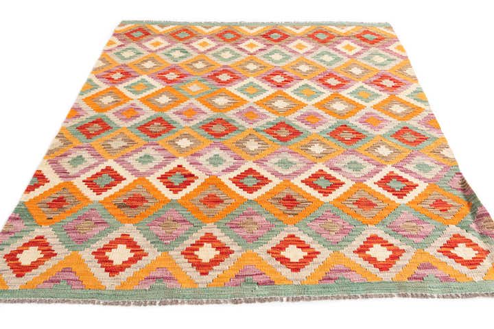 4' 4 x 5' 8 Hand Woven Kilim Maymana Wool Rug