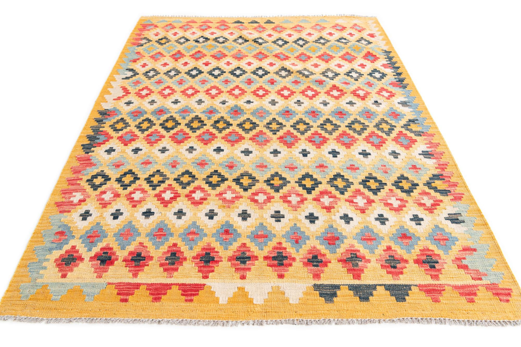 4' 2 x 6' 2 Hand Woven Kilim Maymana Wool Rug