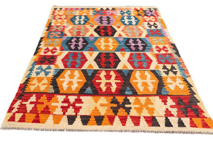 4' x 5' 6 Hand Woven Kilim Maymana Wool Rug