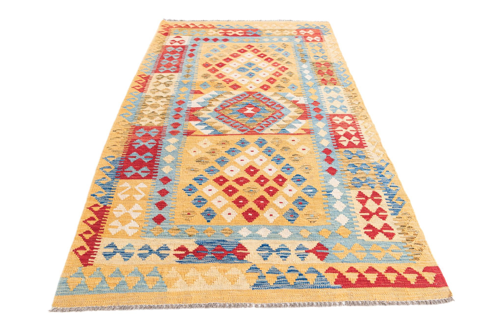 3' 6 x 6' 8 Hand Woven Kilim Maymana Wool Rug