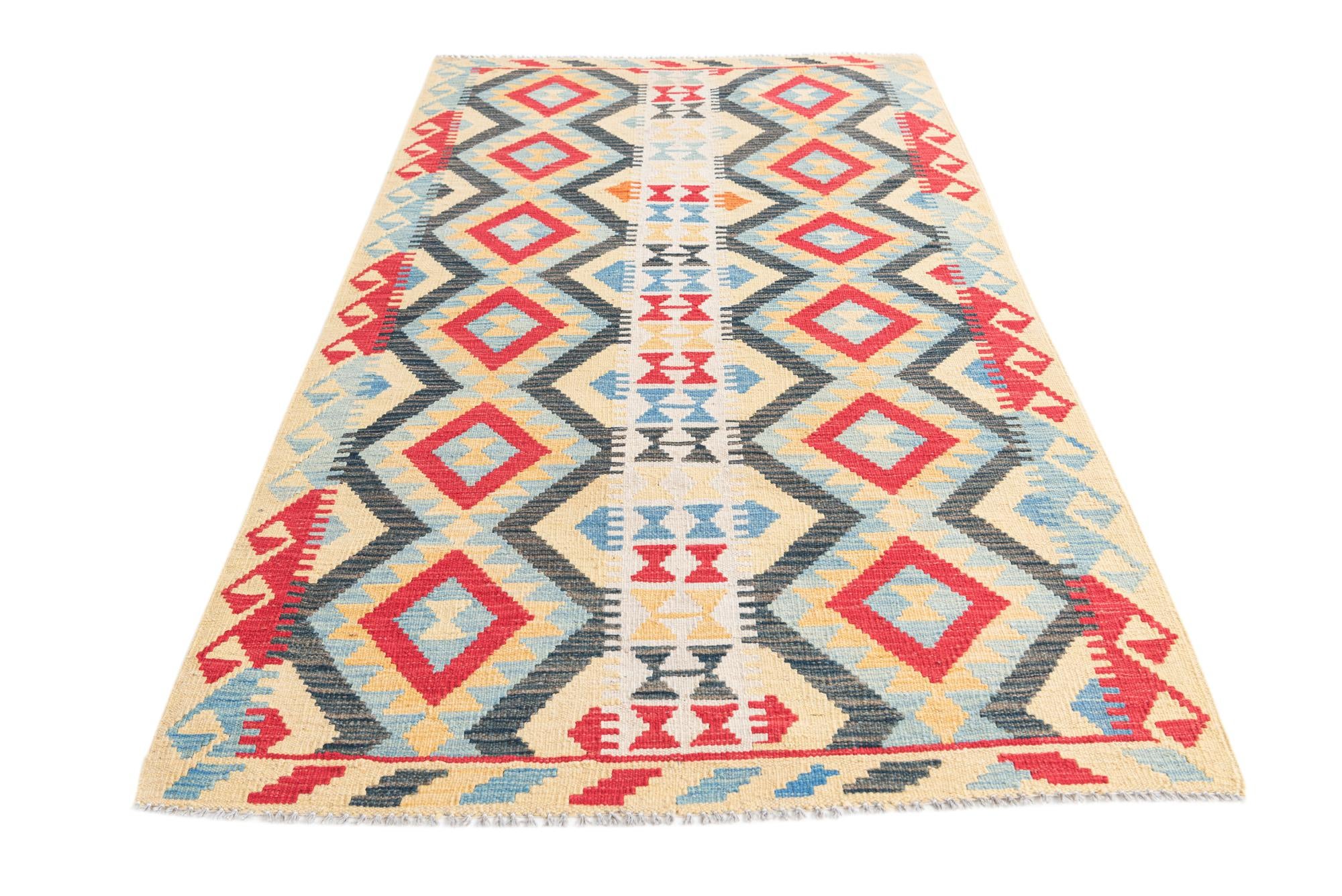 3' 7 x 6' 7 Hand Woven Kilim Maymana Wool Rug