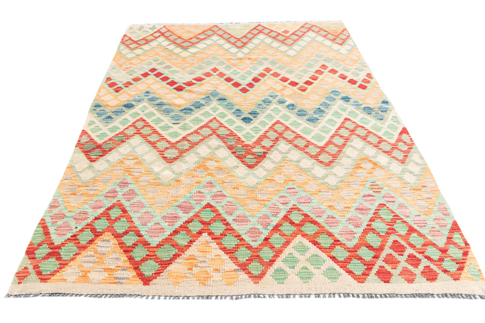 4' 3 x 6' Hand Woven Kilim Maymana Wool Rug