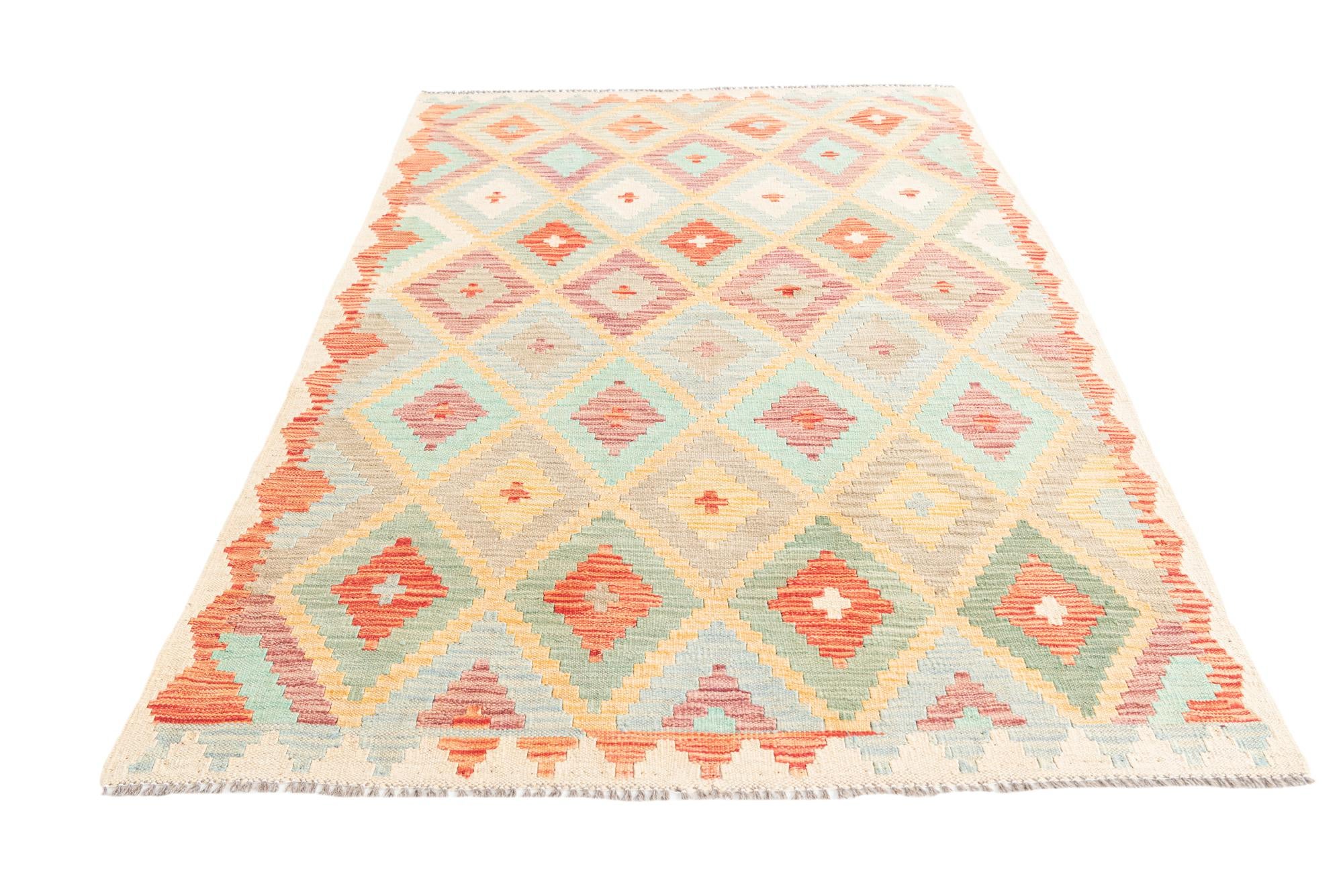 4' 1 x 5' 9 Hand Woven Kilim Maymana Wool Rug