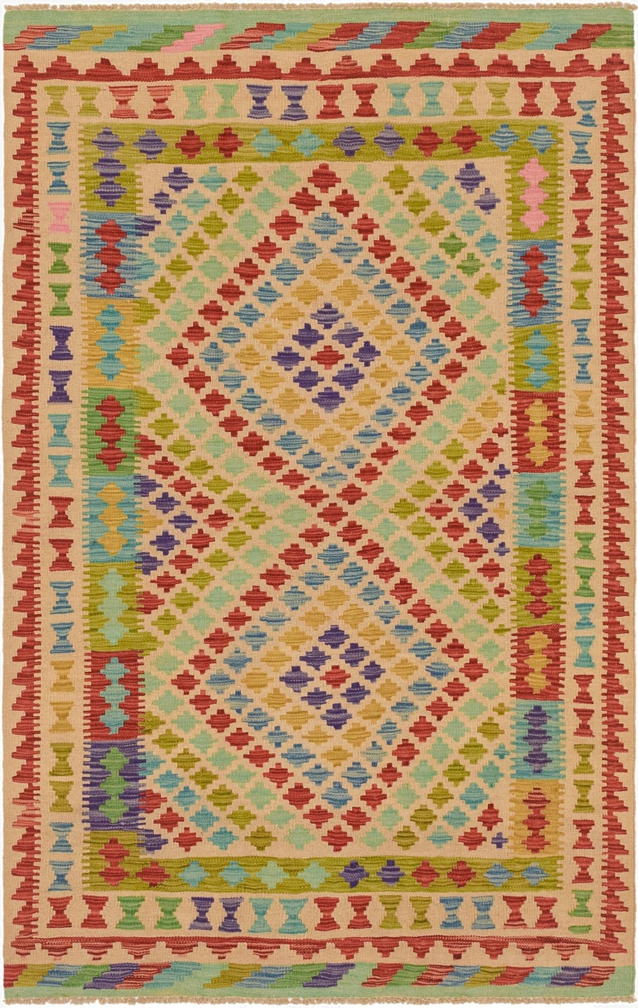 4' x 6' 5  Hand Woven Kilim Maymana Wool Rug