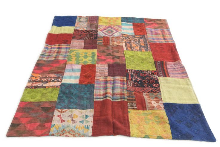 Detail image of 4' 1 x 6' 1 Hand Woven Kilim Patchwork Wool Rug