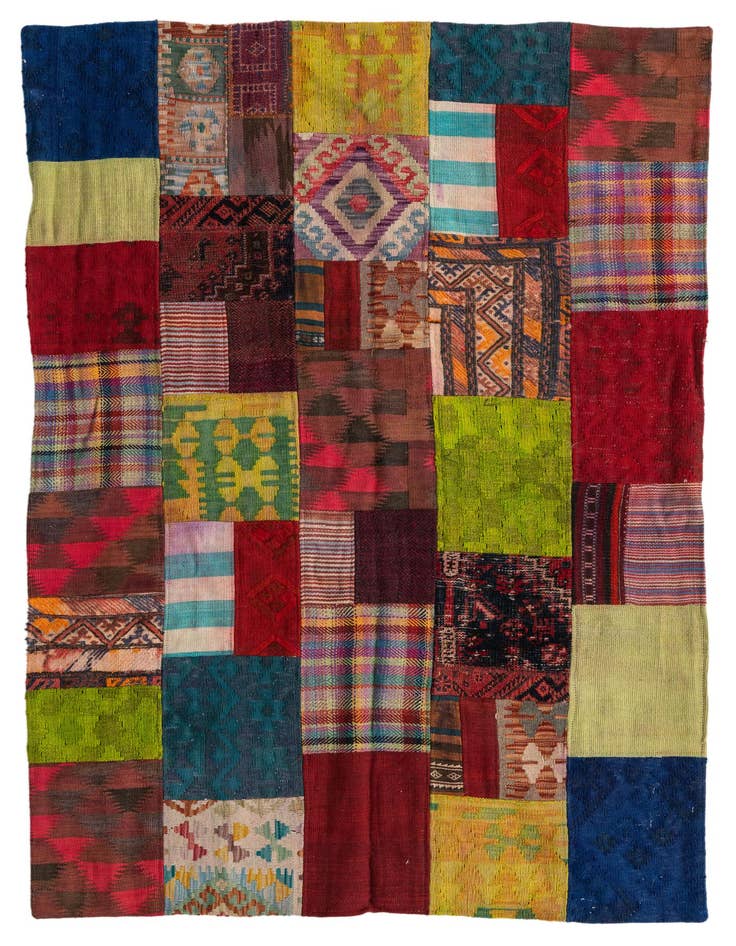 Detail image of 4' 1 x 6' 1 Hand Woven Kilim Patchwork Wool Rug