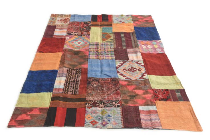Detail image of 4' 1 x 6' Hand Woven Kilim Patchwork Wool Rug