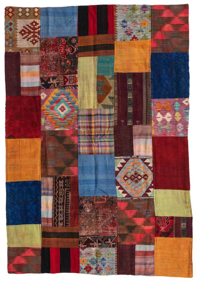 Detail image of 4' 1 x 6' Hand Woven Kilim Patchwork Wool Rug