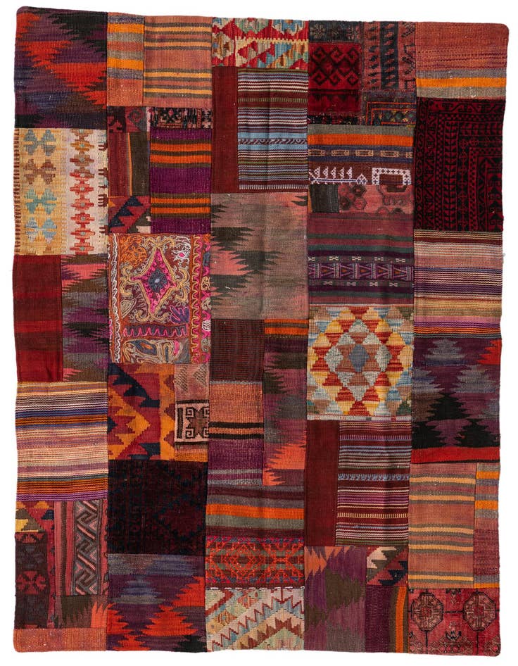 Detail image of 4' 1 x 5' 10 Hand Woven Kilim Patchwork Wool Rug