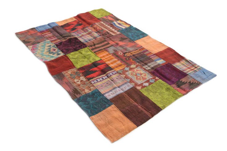 Detail image of 4' x 5' 8 Hand Woven Kilim Patchwork Wool Rug