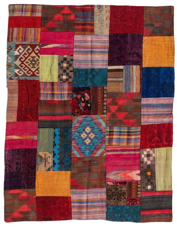 Detail image of 4' 1 x 5' 10 Hand Woven Kilim Patchwork Wool Rug