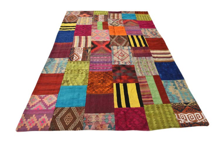 Detail image of 6' 7 x 9' 9 Hand Woven Kilim Patchwork Wool Rug