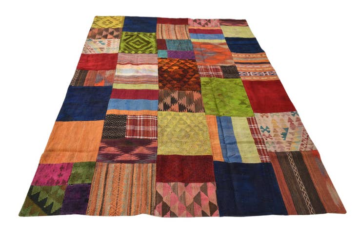 Detail image of 5' 8 x 7' 8 Hand Woven Kilim Patchwork Wool Rug