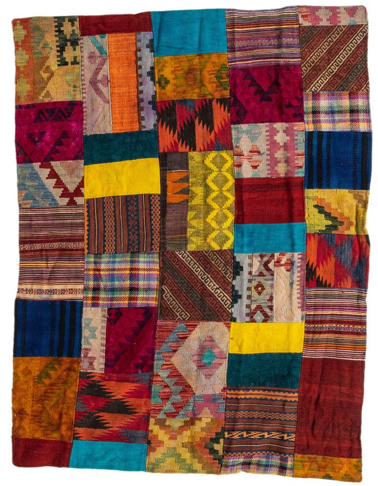 Detail image of 4' 2 x 5' 10 Hand Woven Kilim Patchwork Wool Rug
