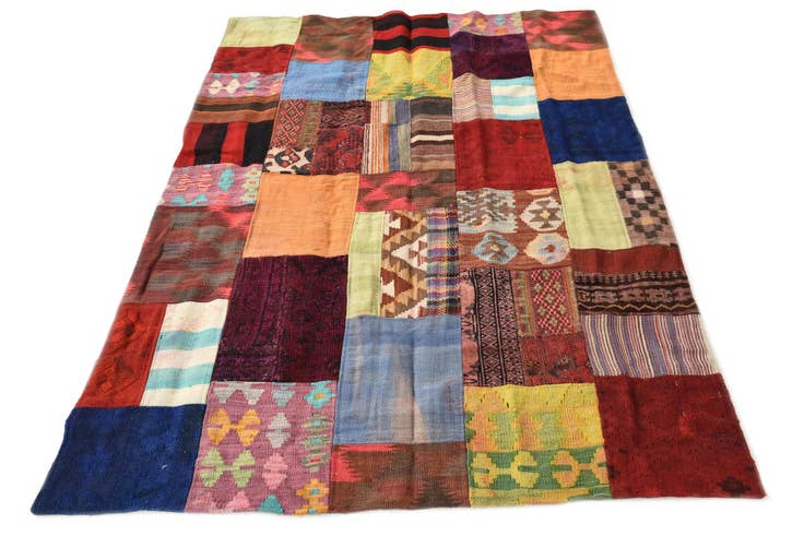 Detail image of 4' 2 x 5' 11 Hand Woven Kilim Patchwork Wool Rug