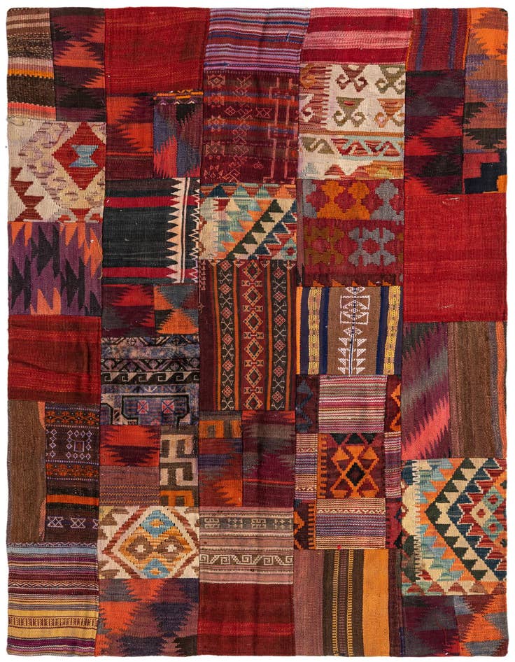 Detail image of 4' 1 x 5' 10 Hand Woven Kilim Patchwork Wool Rug
