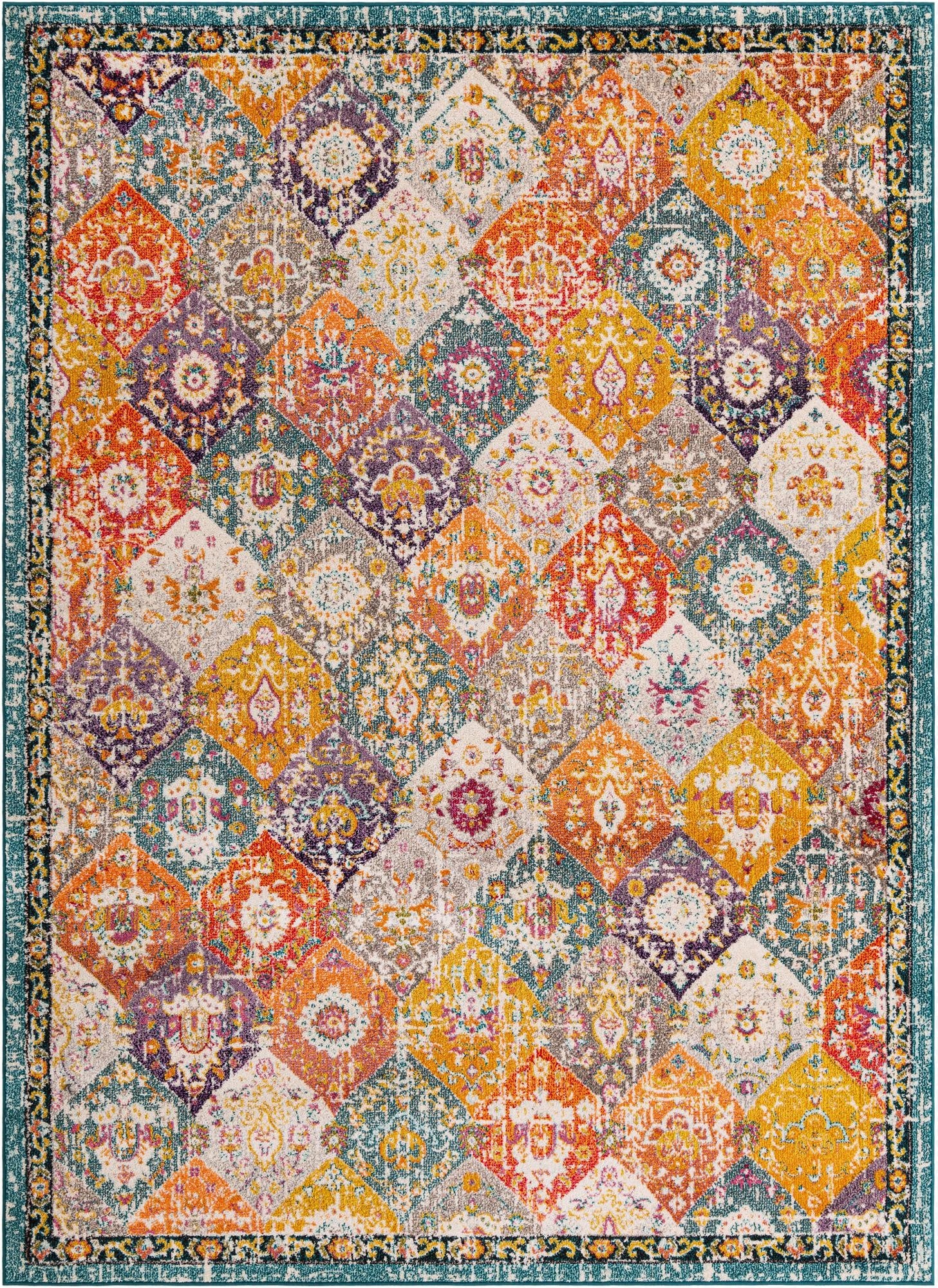 A vibrant 8x11 multi-colored rectangular rug with a distressed trellis and medallion pattern, ideal for a living room.