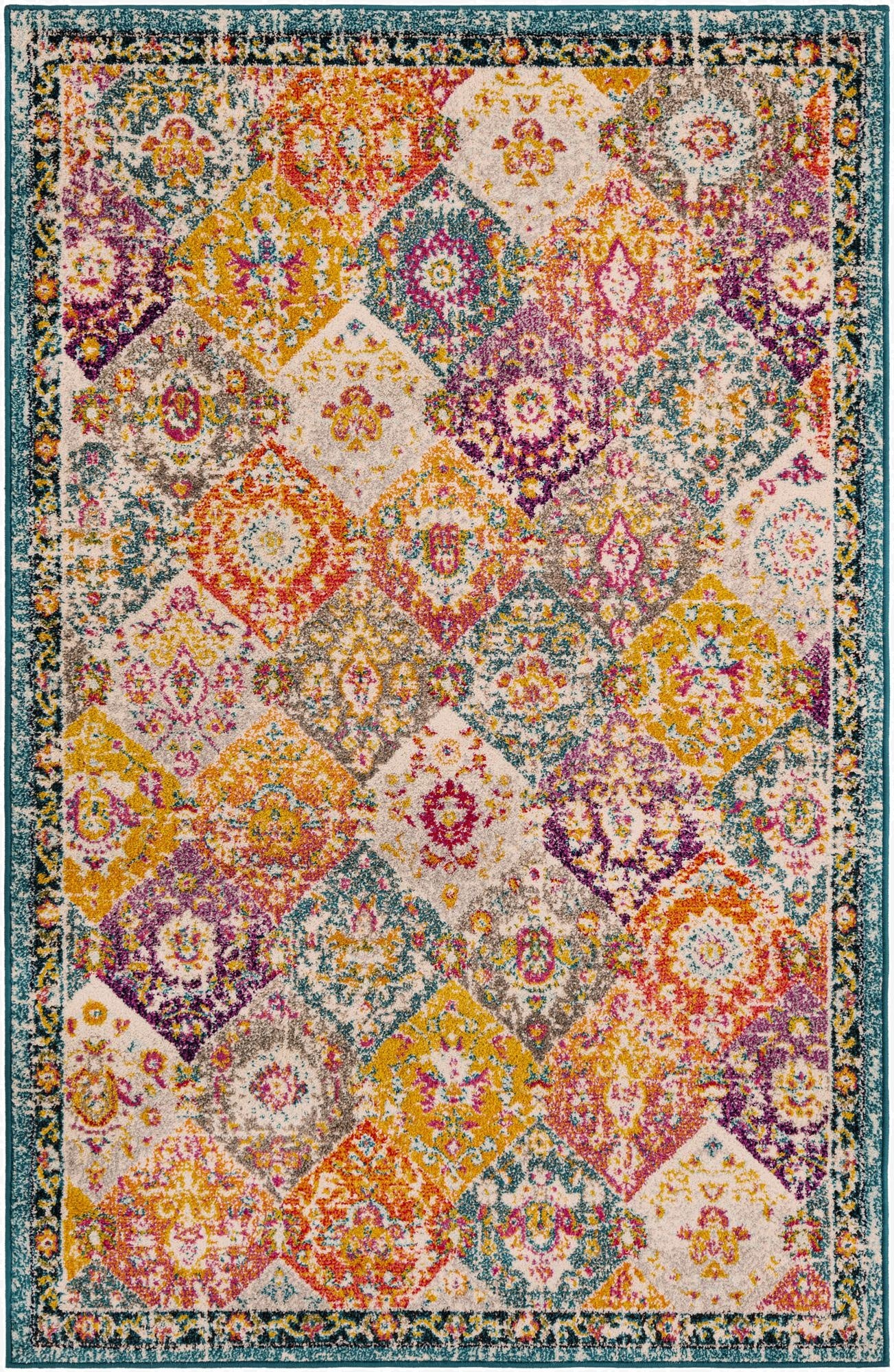 A 5x8 rectangular multi-colored Bohemian rug with a distressed trellis pattern in vibrant hues, ideal for a living room.