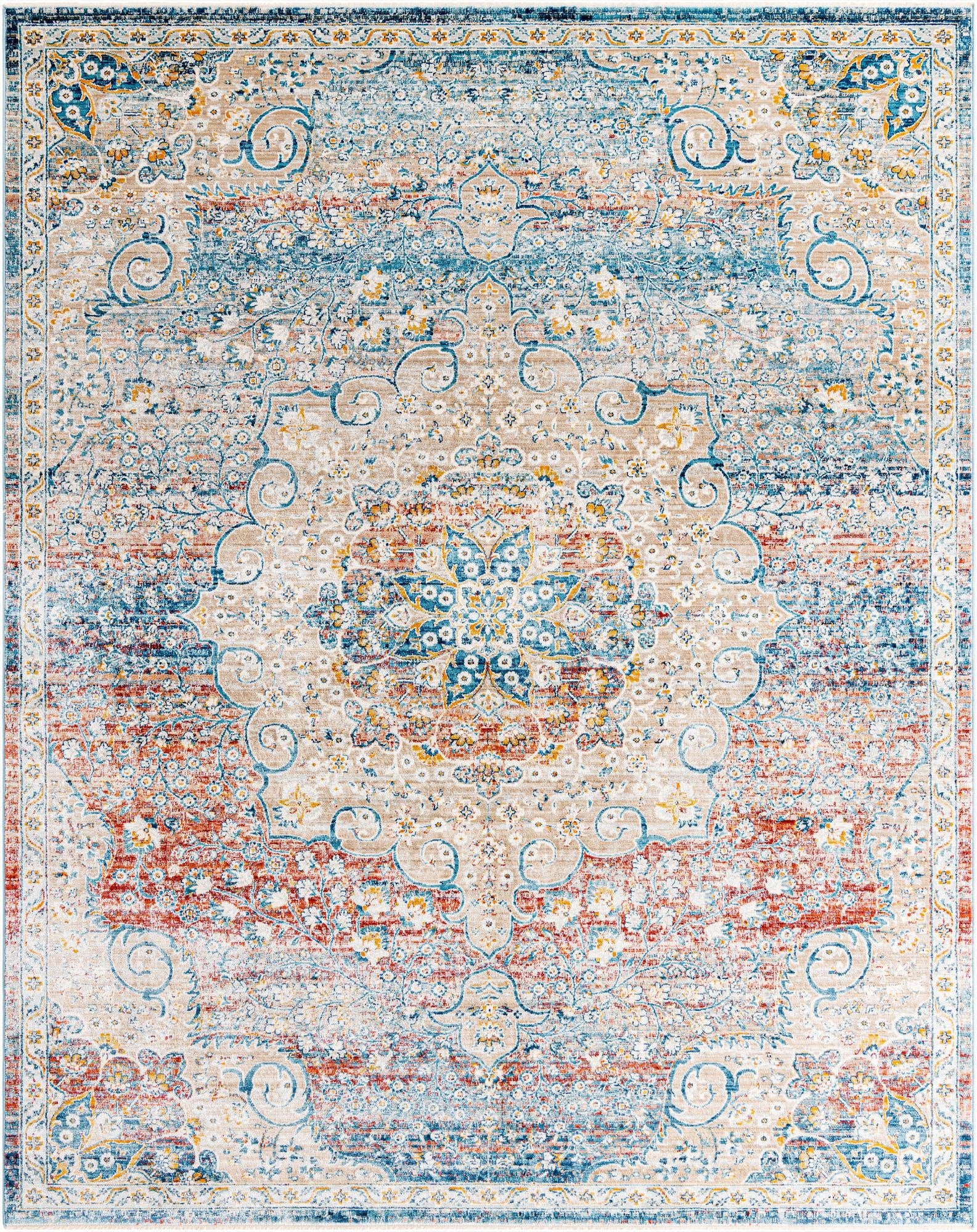 A rectangular 8x10 multi-colored area rug featuring a distressed traditional medallion pattern in shades of blue, orange, and beige.