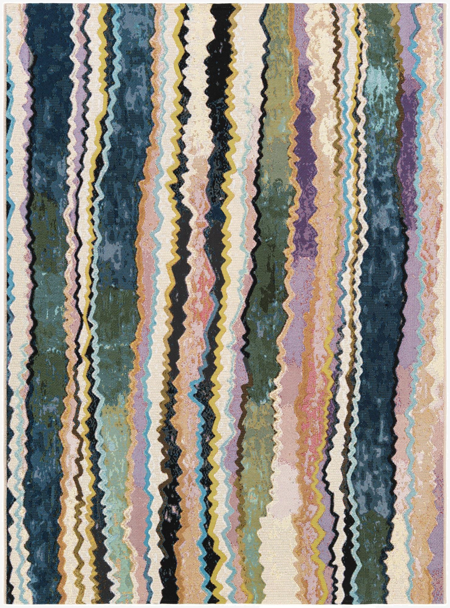 A 5x7 rectangular multi-colored modern abstract rug with vertical wavy stripes in various shades, suitable for indoor or outdoor use.