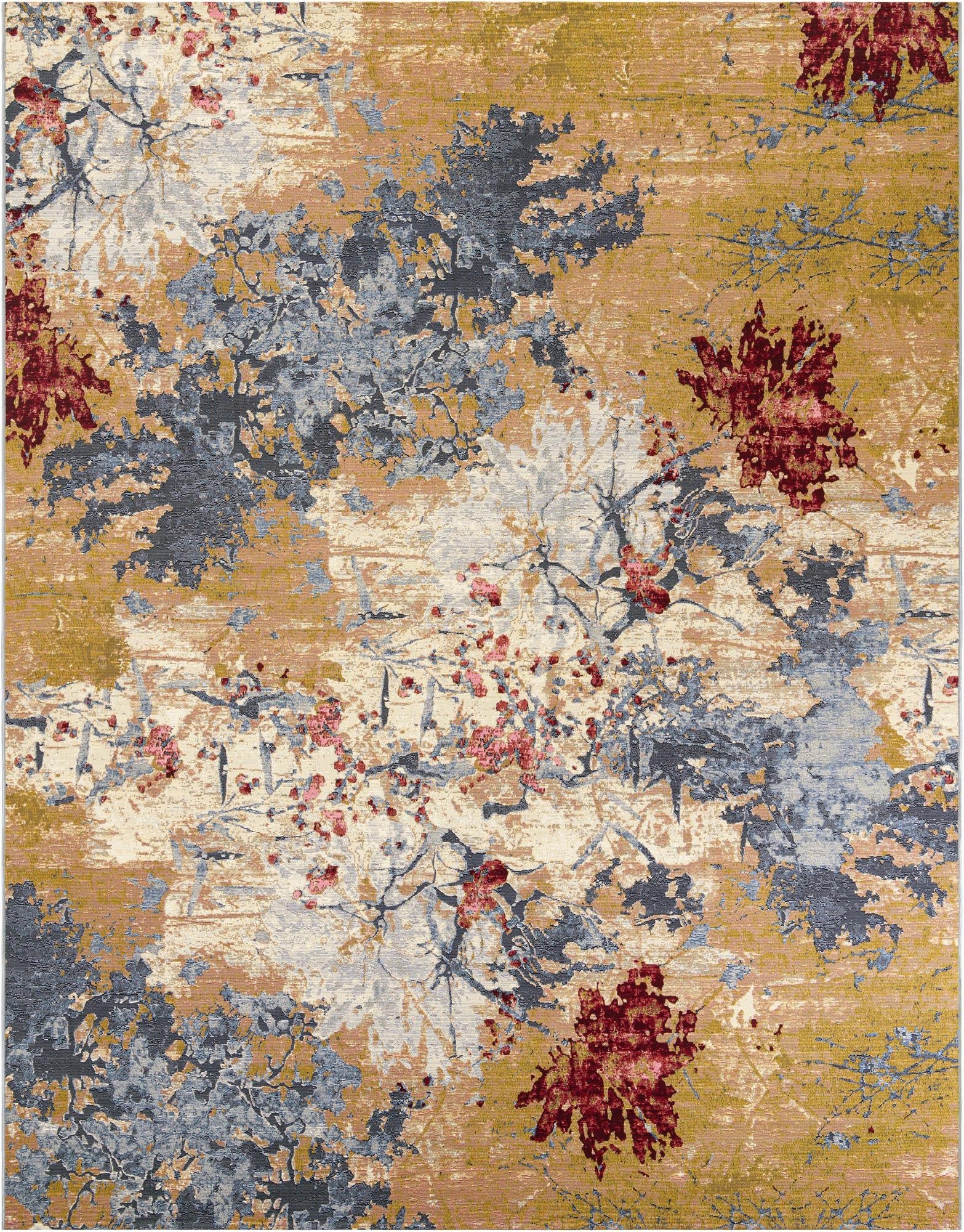 A 9x12 multi-colored rectangular rug with an abstract modern floral pattern in shades of gold, blue, cream, and deep red.
