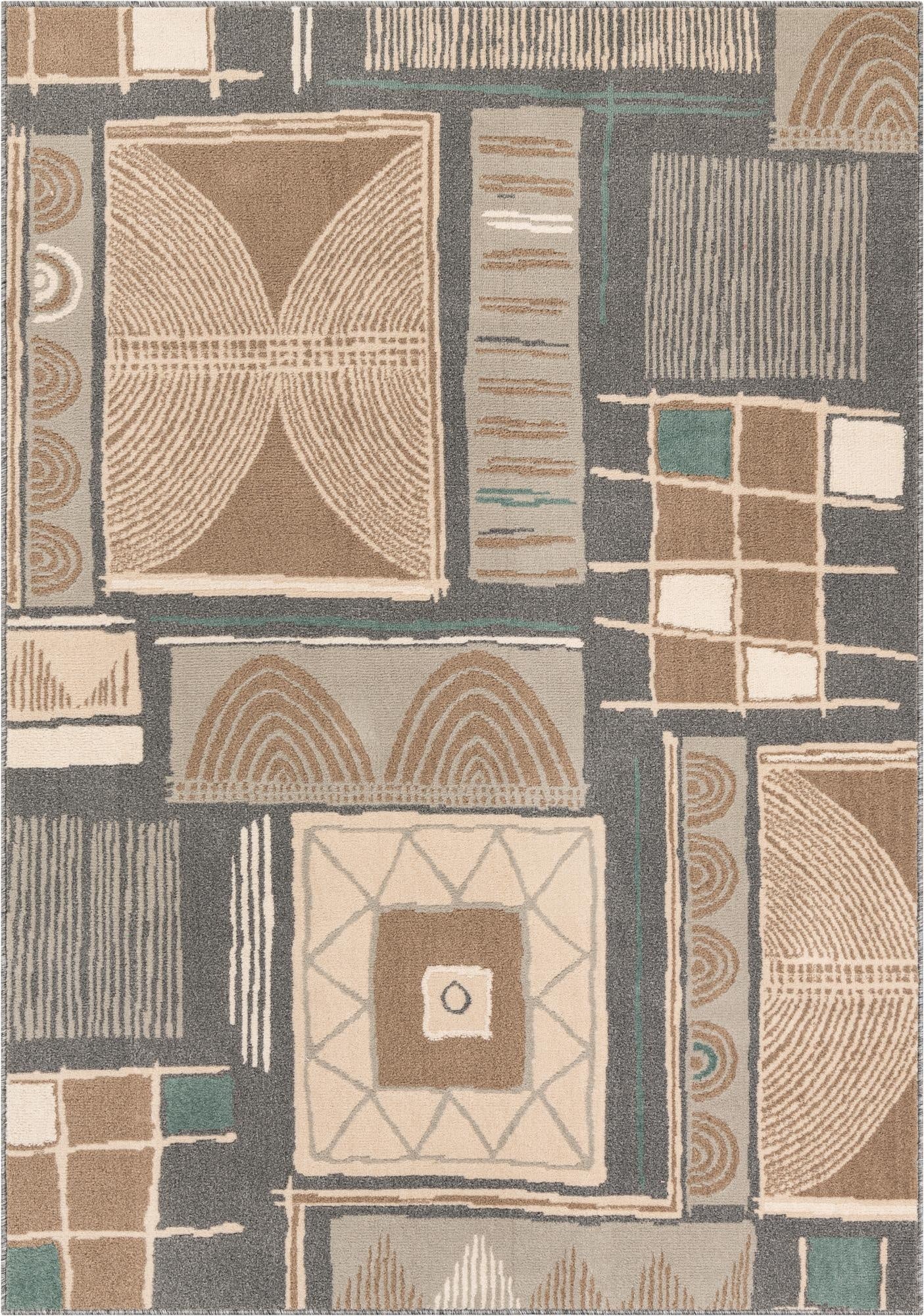 A 5x8 rectangular multi-colored rug with a modern abstract pattern featuring geometric shapes in brown, beige, cream, and teal on a gray background.