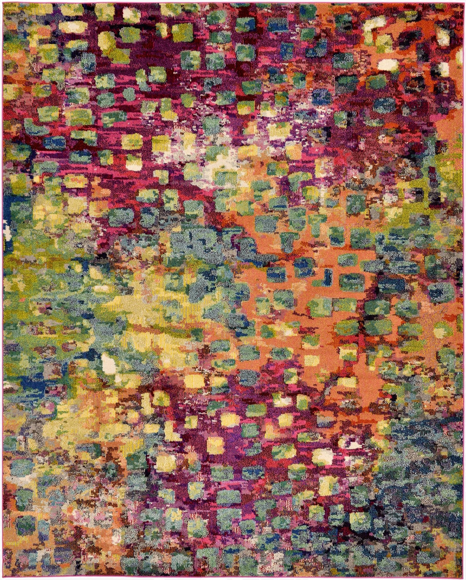 A vibrant 8x10 multi-colored rectangular rug with an abstract, eclectic pattern featuring squares and brushstrokes in shades of green, blue, yellow, orange, and purple.