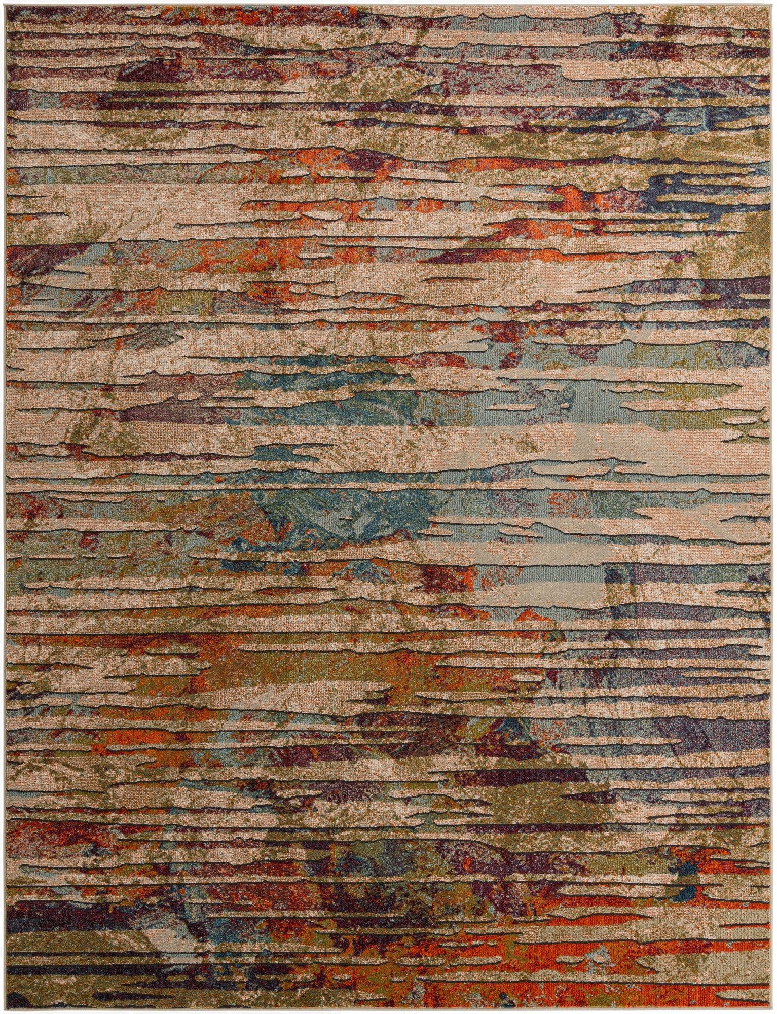 A 9x12 rectangular multi-colored area rug with an abstract, textured stripe pattern in shades of orange, blue, green, and beige.