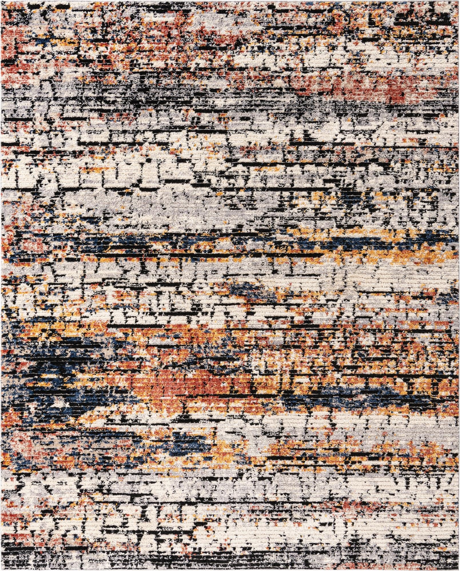 A rectangular 8x10 multi-colored Southwestern shag rug with a modern distressed stripe pattern, perfect for a living room.