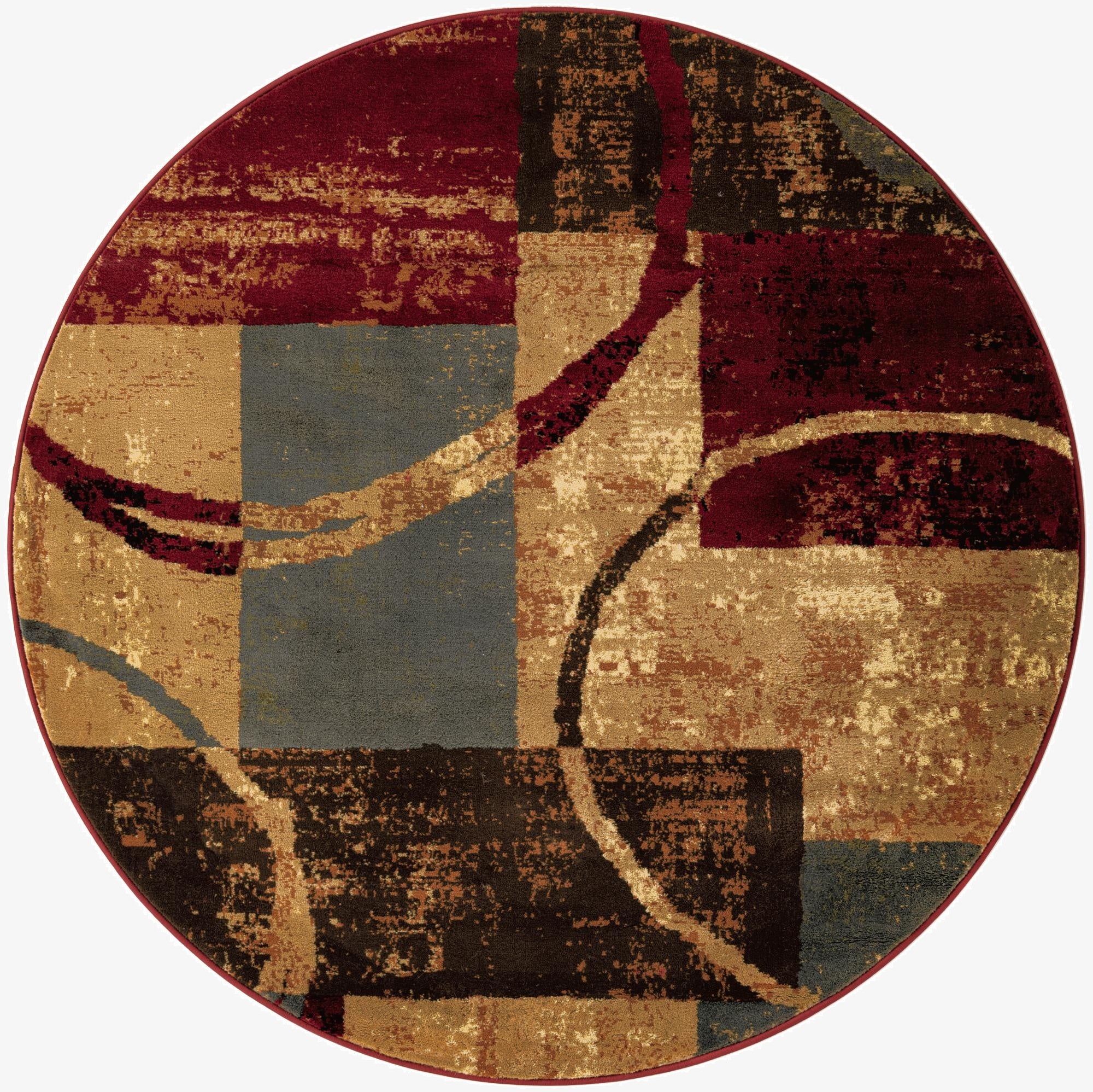 A 5' 3 round multi-colored rug with an abstract, eclectic pattern featuring blocks of red, gold, brown, and blue-grey with curved lines.