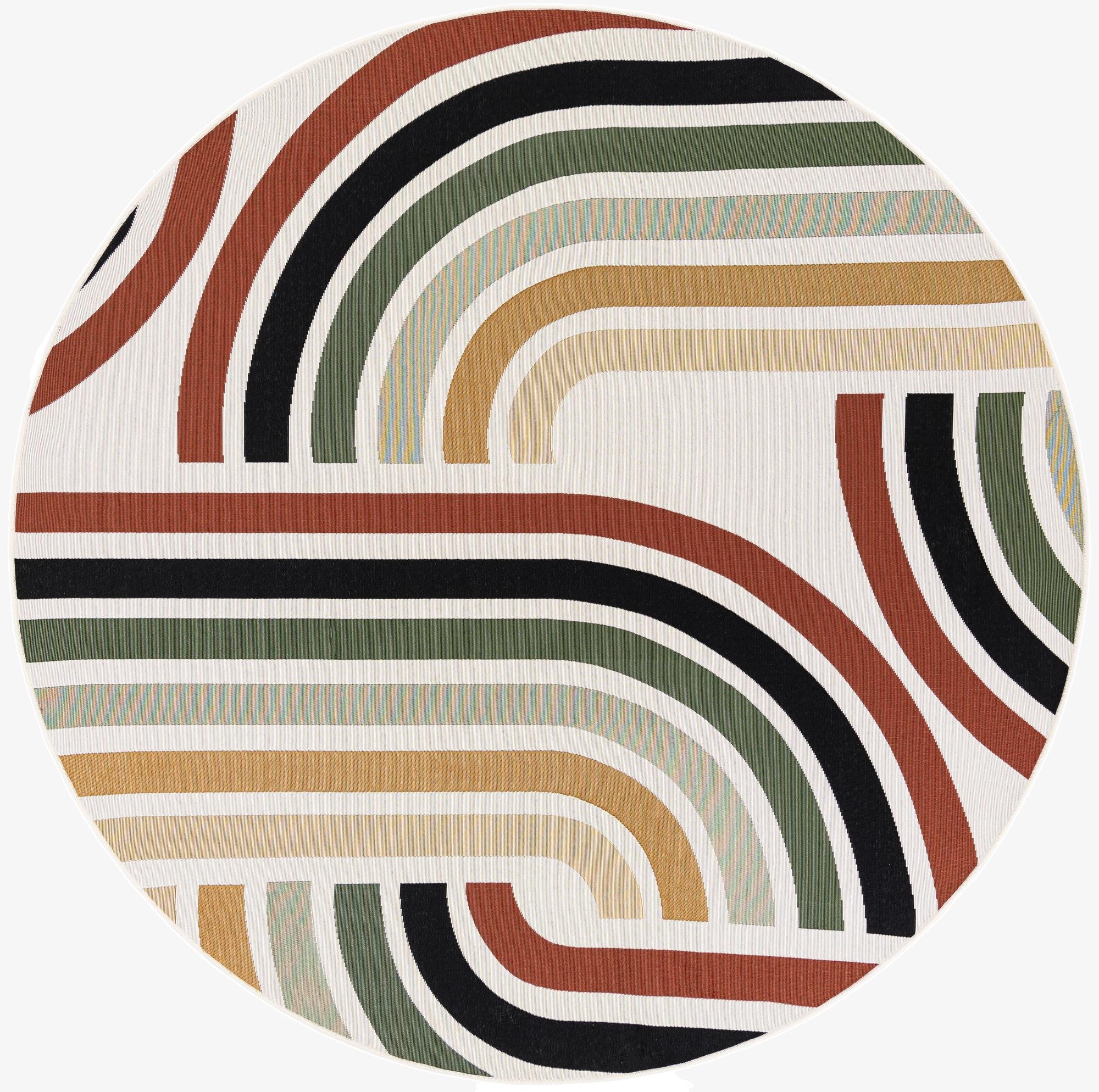 A round, multi-colored rug with a modern abstract pattern of curved lines in terracotta, black, olive, and gold on a cream background.