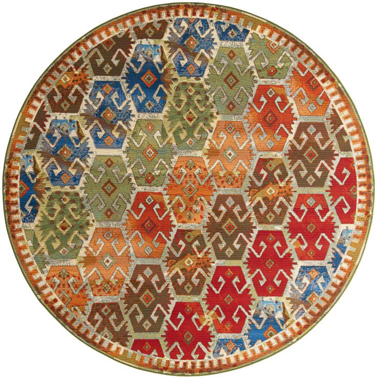 Detail image of 7' 10 x 7' 10 Easy-Clean Southwestern Indoor / Outdoor Round Rug