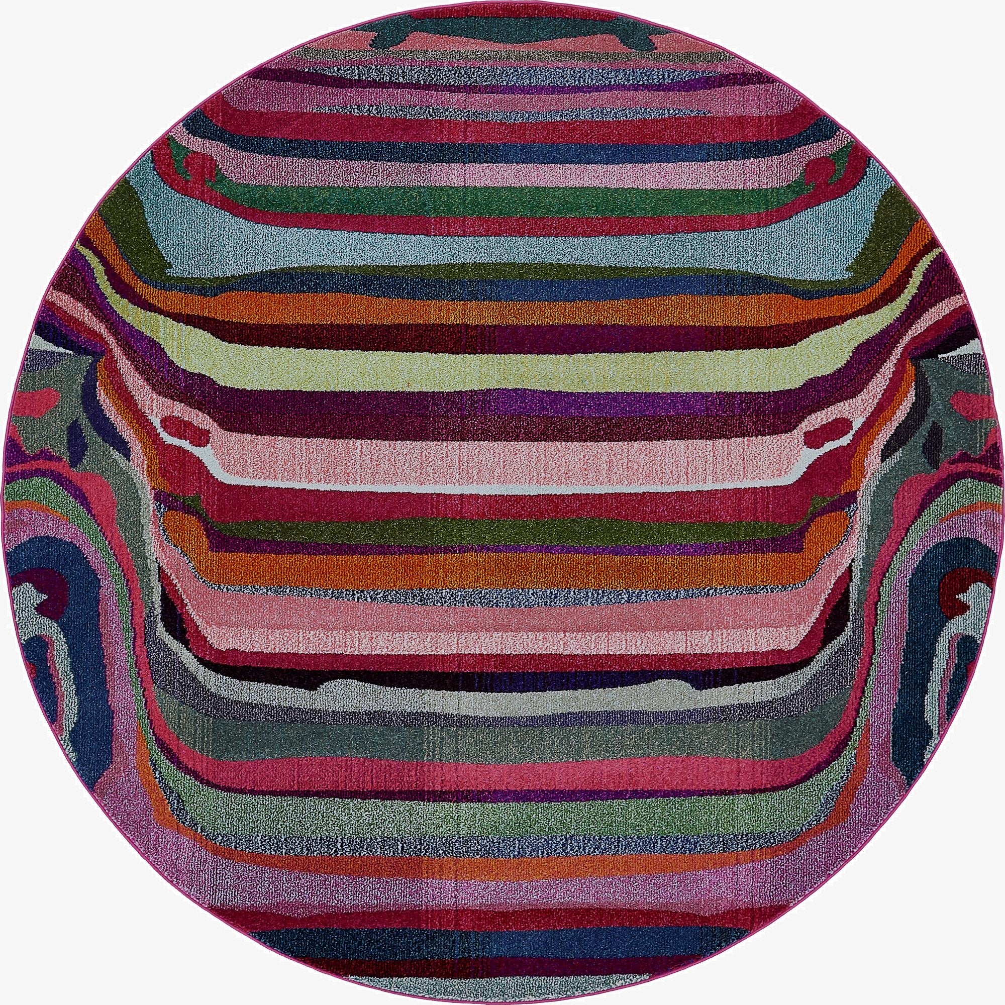 A vibrant 8' round multi-colored rug with horizontal stripes in pink, green, orange, and blue, featuring a transitional modern design.
