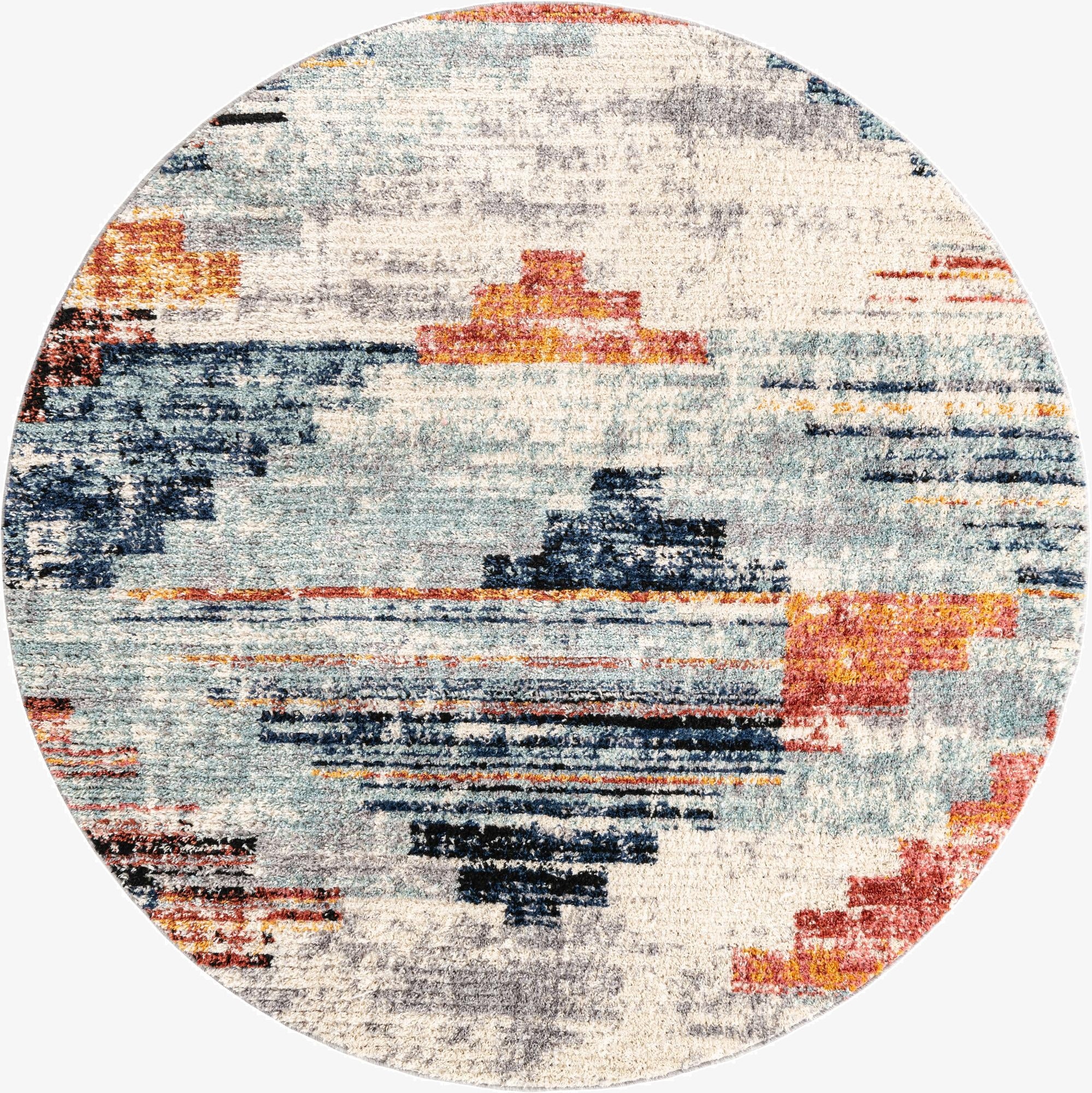 A 7' round multi-colored modern abstract shag rug with a textured pile, featuring shades of blue, orange, red, and cream.