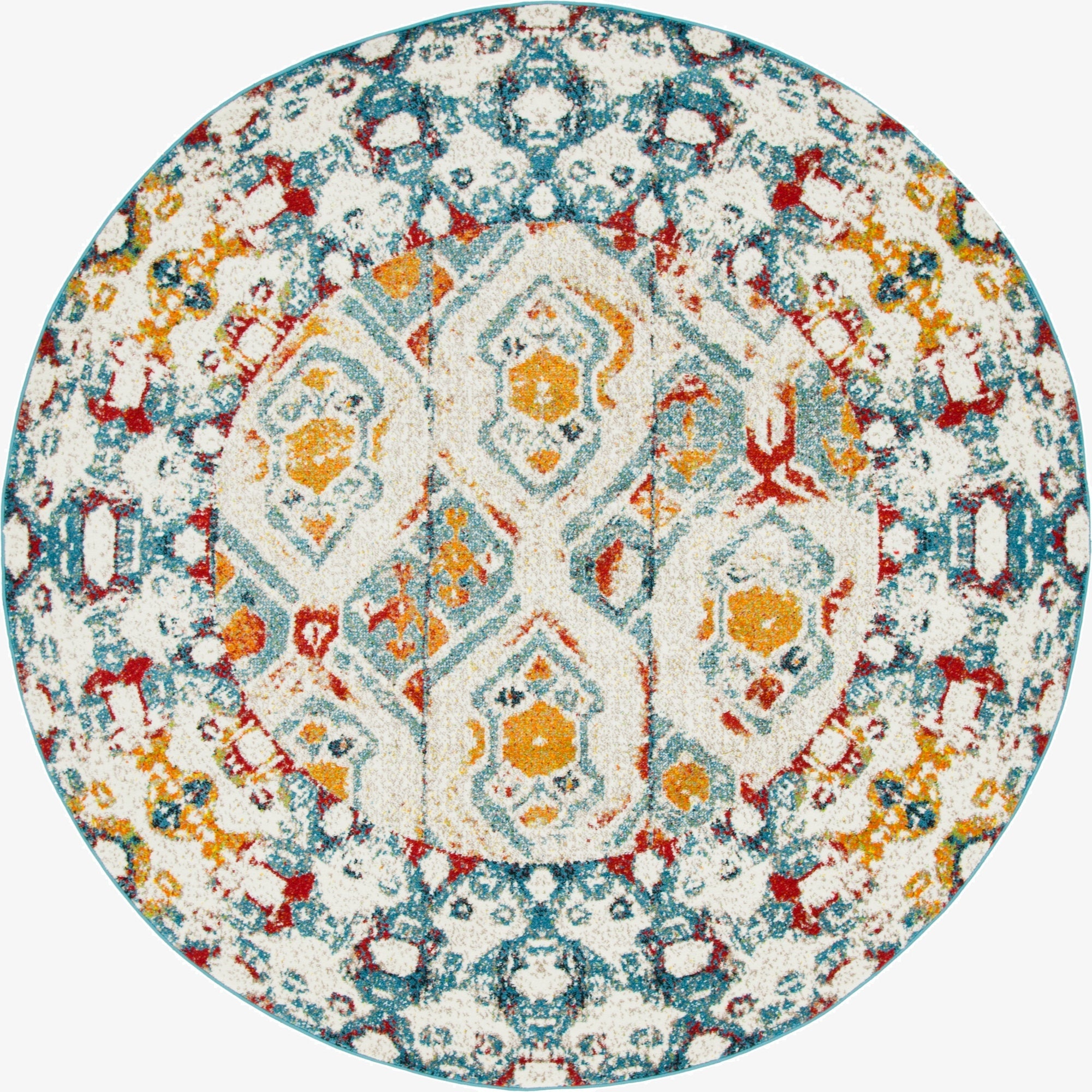 A round, multi-colored Rugs.com Veneto rug with a distressed eclectic pattern in teal, orange, red, and white.