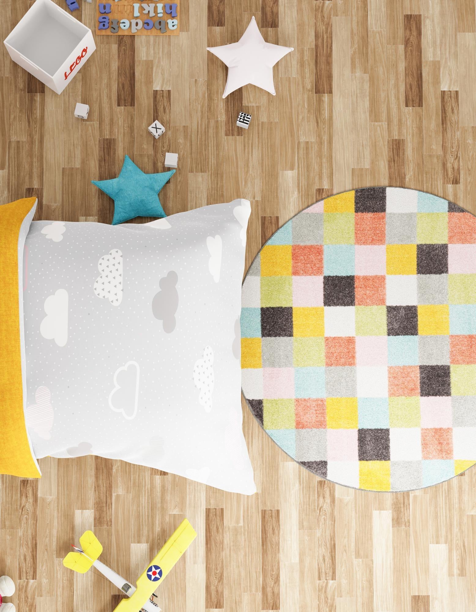 3' 3 x 3' 3 Checkered Whimsy Kids Round Rug