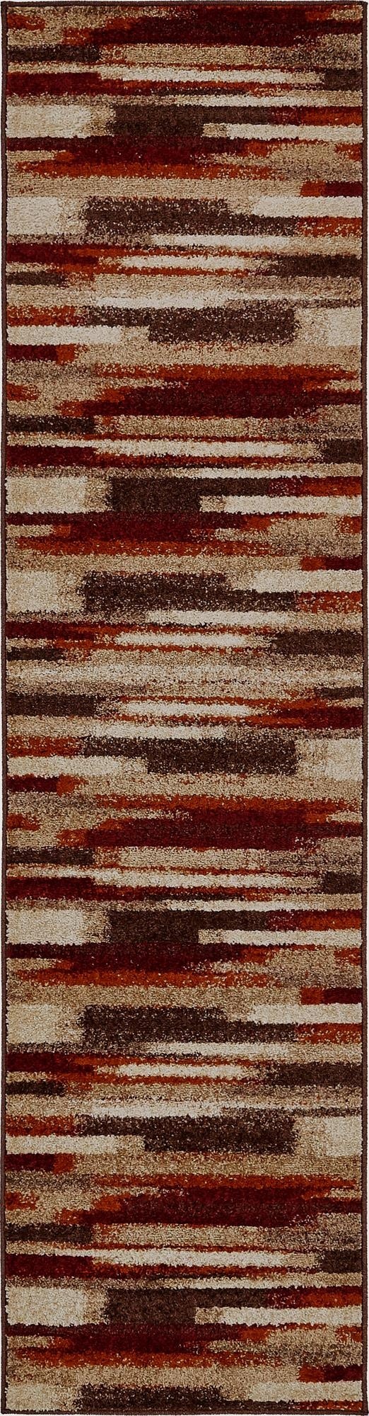 A 10 ft runner rug with an eclectic, modern stripe pattern in shades of brown, beige, and red, perfect for a hallway.