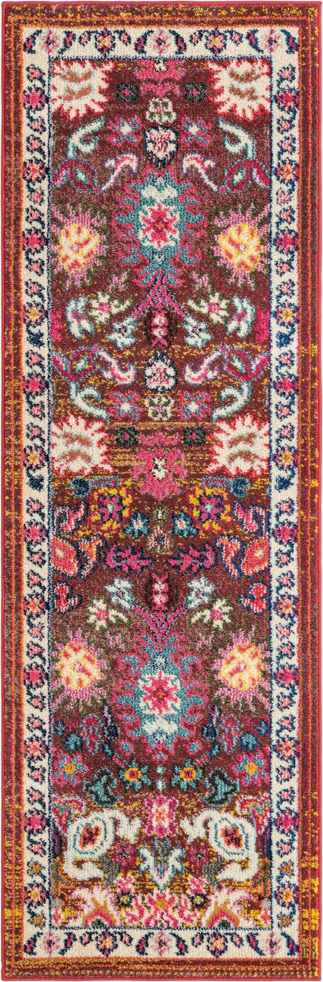 A 7 ft multi-colored runner rug with a vibrant bohemian floral pattern and a decorative border, ideal for a hallway.