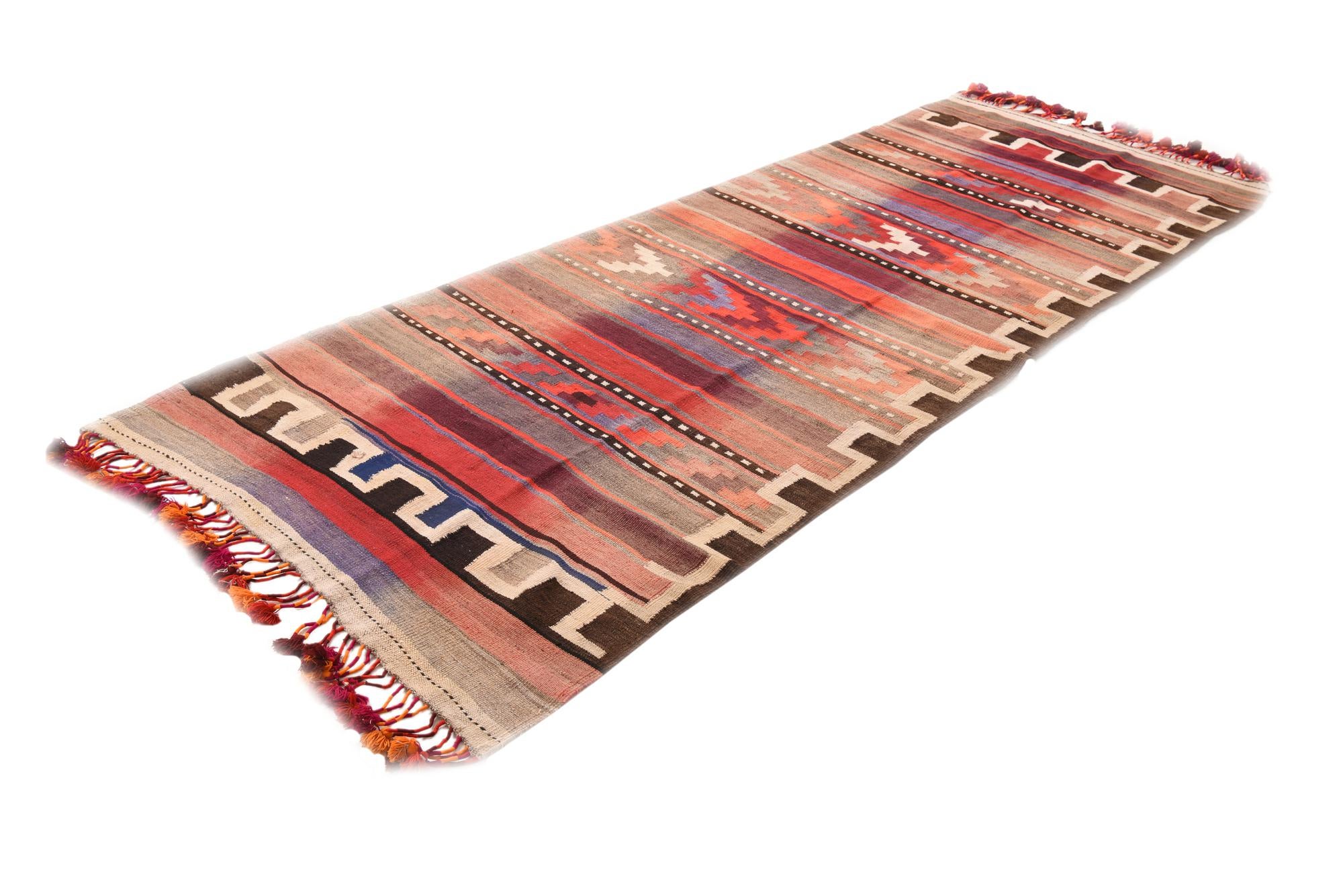 4' 3 x 12' 6 Hand Woven Kilim Fars Wool Runner Rug
