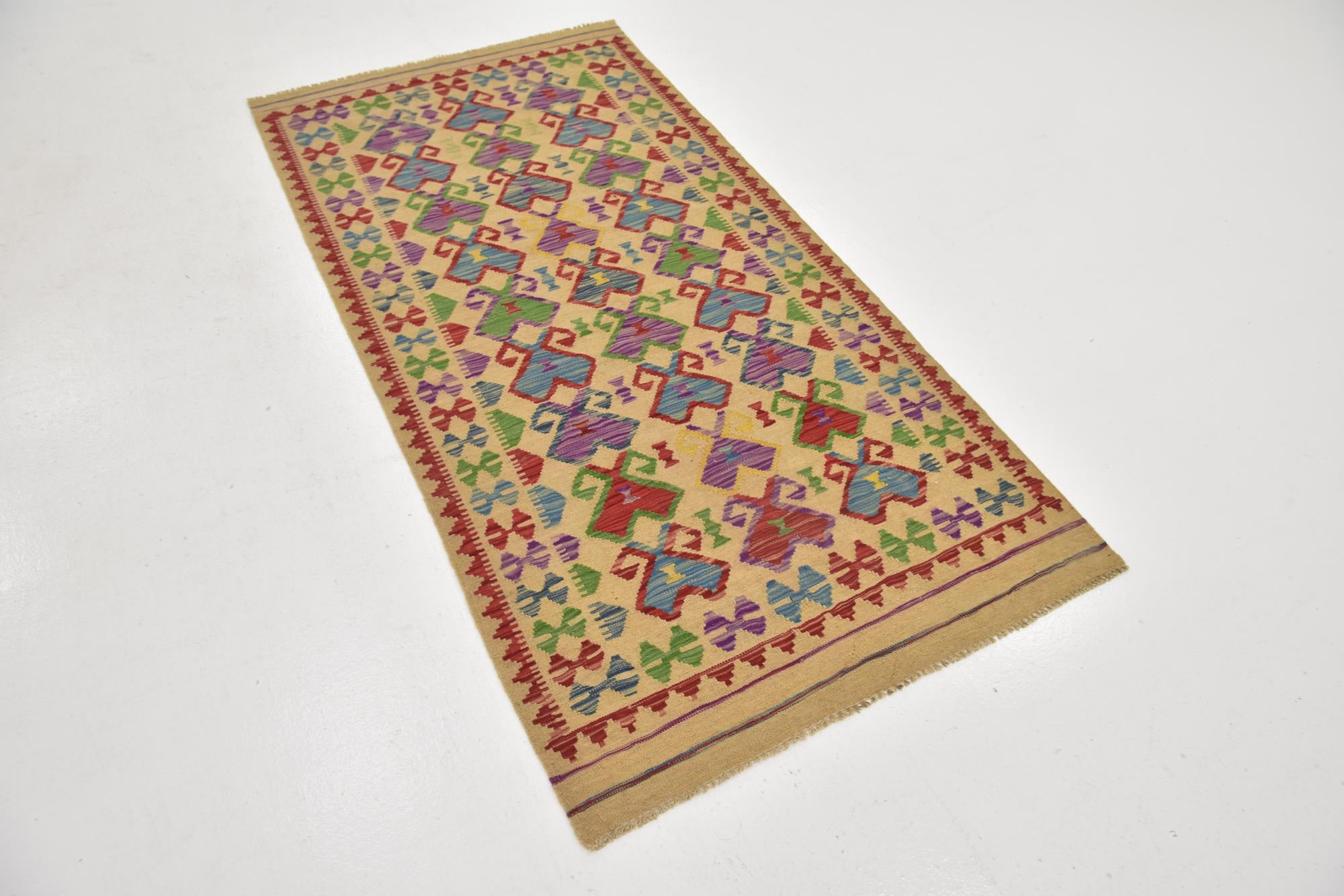 3' 3 x 6' 3 Hand Woven Kilim Maymana Wool Runner Rug