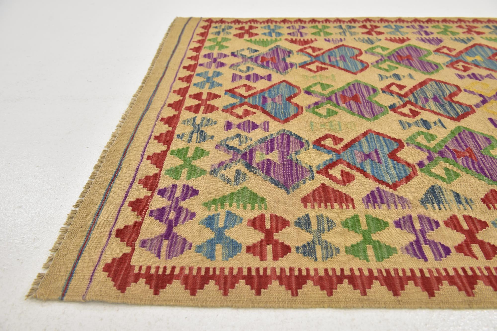 3' 3 x 6' 3 Hand Woven Kilim Maymana Wool Runner Rug