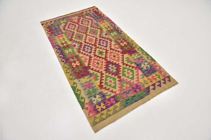 3' 4 x 6' 3 Hand Woven Kilim Maymana Wool Runner Rug
