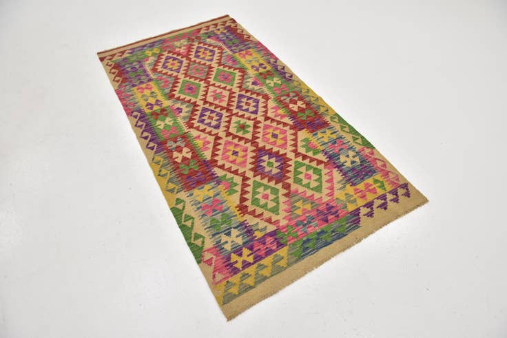 Detail image of 3' 4 x 6' 3 Hand Woven Kilim Maymana Wool Runner Rug