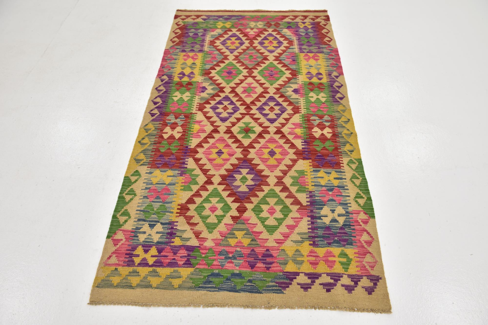 3' 4 x 6' 3 Hand Woven Kilim Maymana Wool Runner Rug