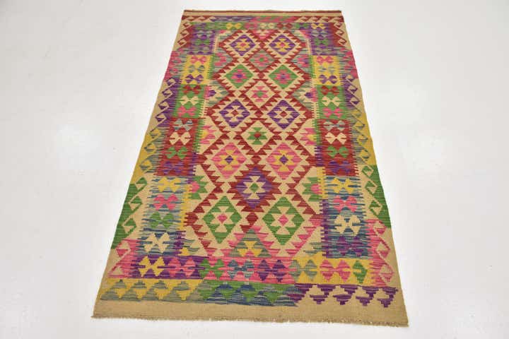 3' 4 x 6' 3 Hand Woven Kilim Maymana Wool Runner Rug