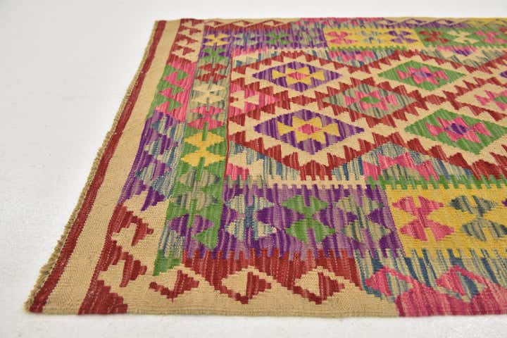 3' 4 x 6' 3 Hand Woven Kilim Maymana Wool Runner Rug