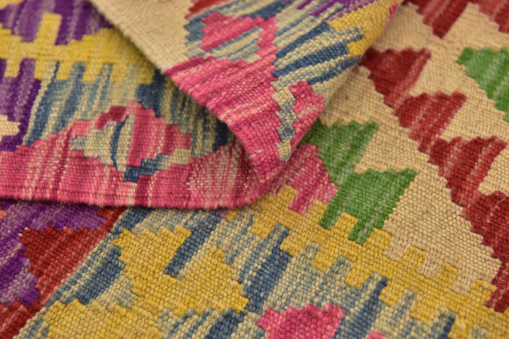 3' 4 x 6' 3 Hand Woven Kilim Maymana Wool Runner Rug
